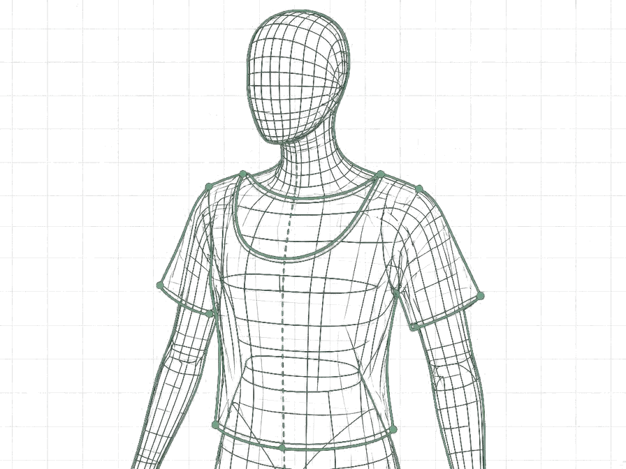 Wireframe mannequin wearing a T-shirt with pattern panel outlines